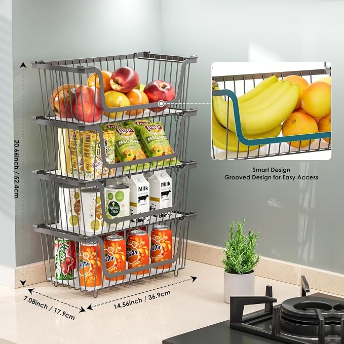 4 Pcs Stackable Wire Baskets for Pantry Organizers and Storage, | Vegetable Fruit Basket for Countertop,Kitchen Storage Metal Baskets,Produce Potato Onion Storage Bin,Gray - Image 2