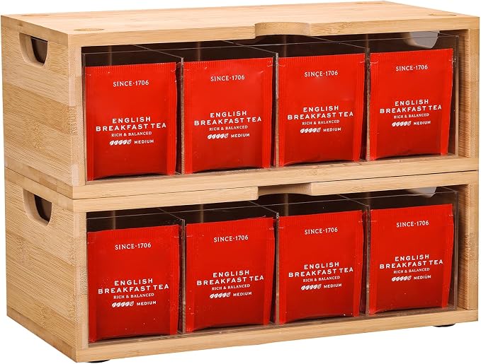 Bamboo Stackable Tea Bag Organizer, 2-Piece | Large Capacity, Box Set by EVERBBKING