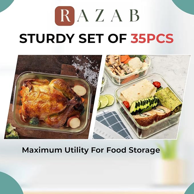Razab 35 Pc Set Glass Food Storage Containers with Lids - Meal Prep Airtight Bento Boxes BPA-Free 100% Leak Proof (15 lids,15 glass & 5 Plastic Sauce/Dip Containers) - Image 4