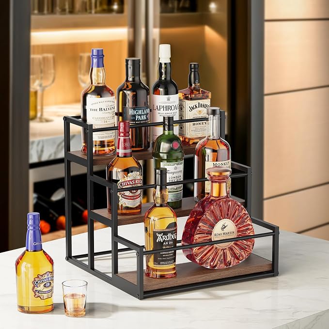 THYGIFTREE Liquor Bottle Display Shelf, 3 Tier Coffee Syrup Rack Organizer & Bar Shelf Stand for Liquor, Whiskey, Spirits, Coffee Station & Home Bar - Image 2