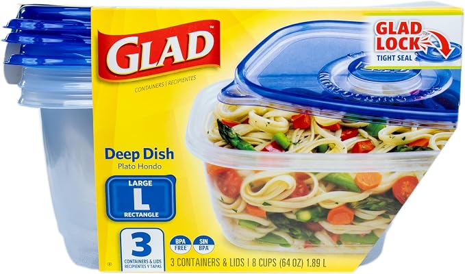Glad GladWare Deep Dish Food Storage Containers, 64 Oz, 3 Count | Lock-tight seal for soups, salads, and meal prep in a large rectangle format; microwave and dishwasher safe - Image 2