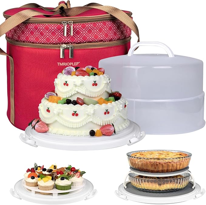 12 Inch Cake carrier Container with Lid and Handles Includes Insulated Bag for Safe Transportation of Buttercream Doesn't Melt Easy for Cakes, Pies and Cupcakes (Red) by CakePieInsulatedTransportat