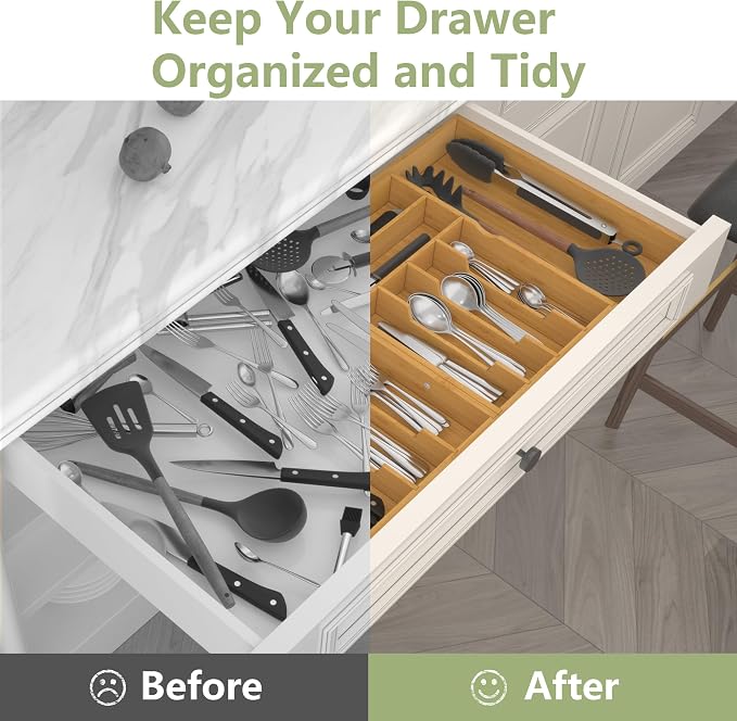 Suli Extra Large Silverware Drawer Organizer,Expandable 22in to 37in,Bamboo | 2.6in Deep,13 Slot,Removable Design,Expandable Utensil Tray for Kitchen Drawer,Big Adjustable Cooking Cutlery Flatware Holder - Image 6