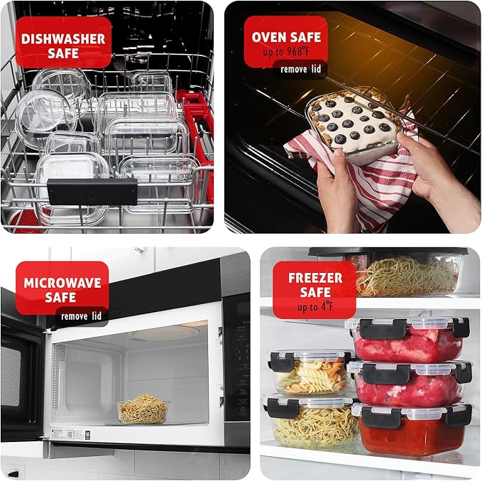 EATEX 32pc Glass Food Storage Containers with Lids, Airtight Glass Meal Prep Containers, 16 Reusable Food Storage Bins with 16 Leakproof Snap Lock Lids Oven Microwave Freezer Safe Lunch Containers - Image 4