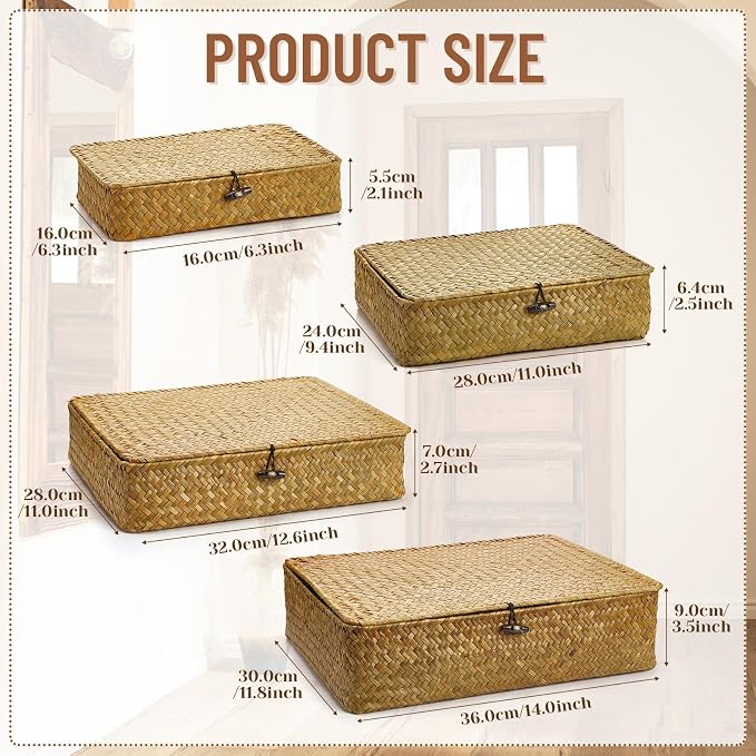 Didaey Set of 4 Seagrass Basket with Lid Wicker Storage Basket Decorative Storage Boxes with Lids Flat Storage Bins Woven Organizer Baskets for Shelf Closet Bedroom, 4 Sizes (Yellow) - Image 2