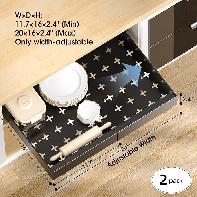 Delamu 16" Deep Pull Out Cabinet Organizer with 6 Dividers, Expandable (11.7 "-20" W) Pull Out Drawers for Cabinets, Cabinet Trays Pull Out for Cabinets in Kitchen, Pantry or Bathroom, Black, 2 Pack - Image 2