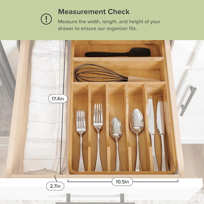 Silverware & Utensil Organizer, Fixed 10.5 in, Bamboo | Cutlery, flatware holder, rounded corners, 7 compartments, non-slip feet, kitchen drawers - Image 3