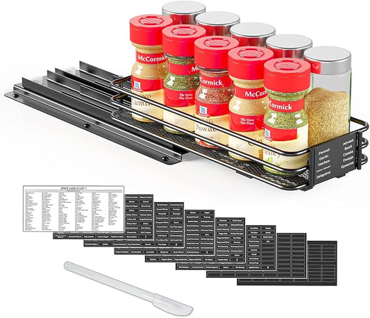 SpaceAid Pull Out Spice Rack Organizer for Cabinet, Heavy Duty Slide Out Seasoning Kitchen Organizer, Cabinet Organizer, with Labels and Chalk Marker, 4.5" W x10.75 D x2.5 H, 1 Drawer 1-Tier by SpaceAid