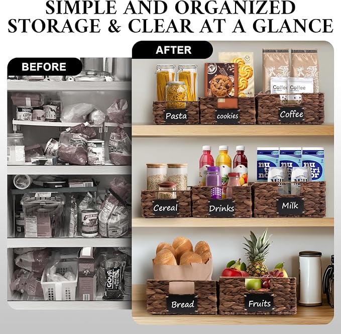 Set of 4 Sizes Hand-Woven Pantry Shelf Baskets, Hyacinth Storage Baskets with Chalkboard Labels & 2 Chalk Markers, Wicker Nestable Basket Set for Organizing Pantry Kitchen Laundry Shelves (Brown) - Image 6