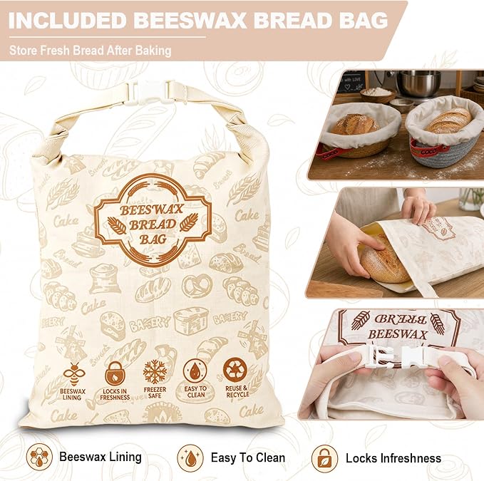 Cotton Rope Banneton Bread Proofing Basket with Beeswax Bag Set | 9''Round & 10''Oval, Washable Liners & Covers, for Artisan Bread Baking, for Sourdough Proofing, for Baking Gifts - Image 7