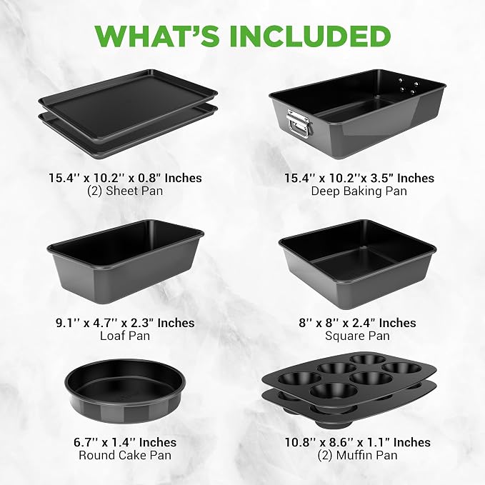 NutriChef 8 Piece Nonstick Bakeware Set | Carbon Steel Baking Pans for Oven | Includes Sheet Pan, Muffin, Loaf, Round and Square Cake Pan | Dishwasher Safe, Stackable Design Oven Safe up to 446°F - Image 7