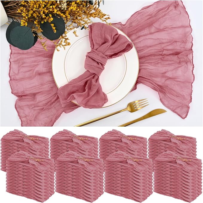 84 Packs Gauze Cheesecloth Napkins 20 x 20 Inch Dusty Rose Wrinkled Dinner Napkins, Dark Pink Rustic Boho Napkins Soft Cotton Cloth Napkins for Wedding Party Event Dinner Table Decoration by Teruntrue