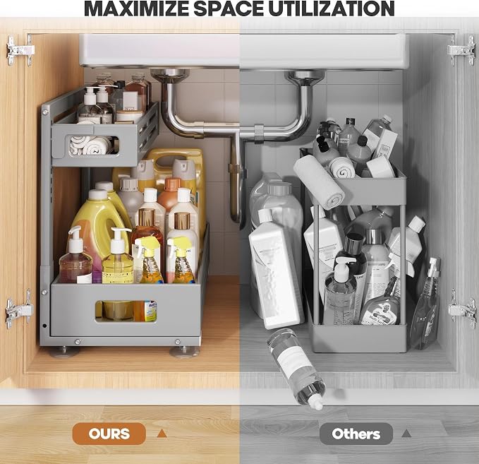 2 Pack 19IN-Depth Under Sink Organizer,Pull Out Cabinet Organizer With Smooth Cylindrical Rail,Metal Slide Out Drawer for Kitchen Bathroom Laundry,8-Level Tool Free Height Adjustable-Gun Gray - Image 6