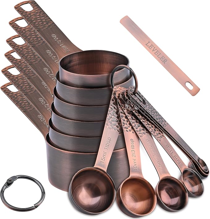 Copper Measuring Cups and Spoons Set 14, Stainless Steel Measuring Cups and Spoons set, Metal 6 Measure Cup and 7 Measure Spoon with 1 Leveler for Kitchen & Baking by Kalsreui