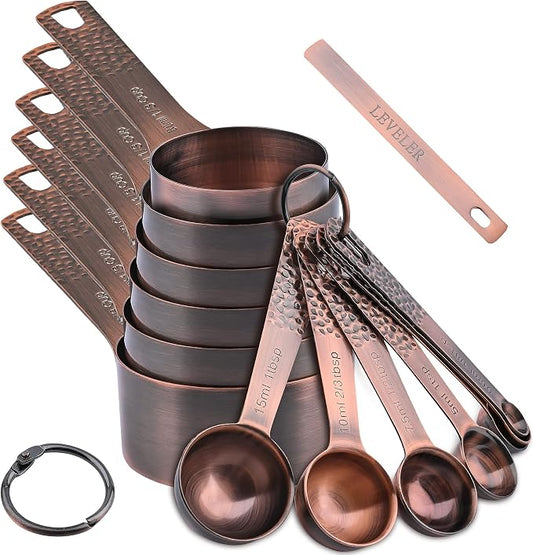 Copper Measuring Cups and Spoons Set, Stainless Steel Copper Plated 6 Metric & US Measuring Cups & 7 Spoons with Leveler for Baking & Kitchen by Smithcraft