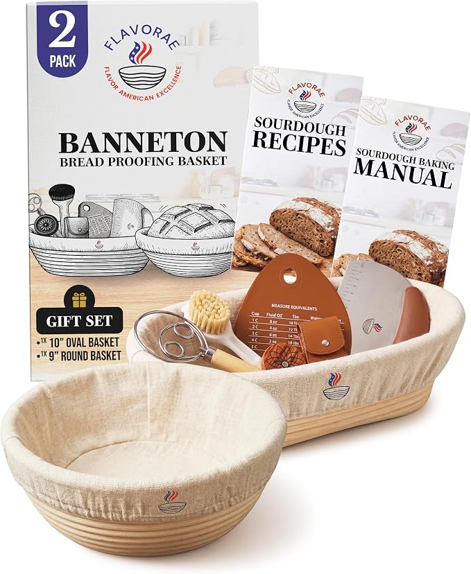 Banneton Bread Proofing Basket with Liners - Natural Rattan Dough Riser & Sourdough Starter Kit, Artisan Bread Loaves, Homemade Bread Making - 9” Round & 10" Oval Basket - 2 Pack by Flavorae