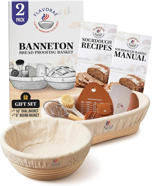 Banneton Bread Proofing Basket with Liners - Natural Rattan Dough Riser & Sourdough Starter Kit, Artisan Bread Loaves, Homemade Bread Making - 9” Round & 10" Oval Basket - 2 Pack by Flavorae