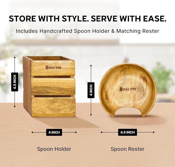 Zalvio 12-Piece Acacia Wood Kitchen Utensil Set – Wooden Spoons with Holder & Spoon Rest | Handmade Cooking Tools in Premium Gift Packaging - Image 3