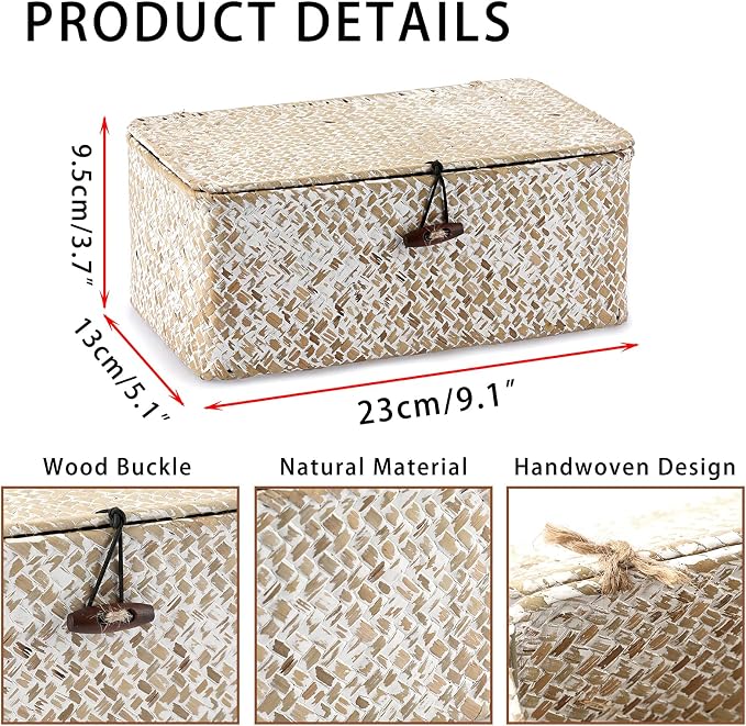Hipiwe Wicker Shelf Baskets with Lid, X-Small Woven Seagrass Basket Bin | Rectangular Storage Baskets Household Basket Boxes for Shelf Home Organizer and Decor, Whitewash - Image 2