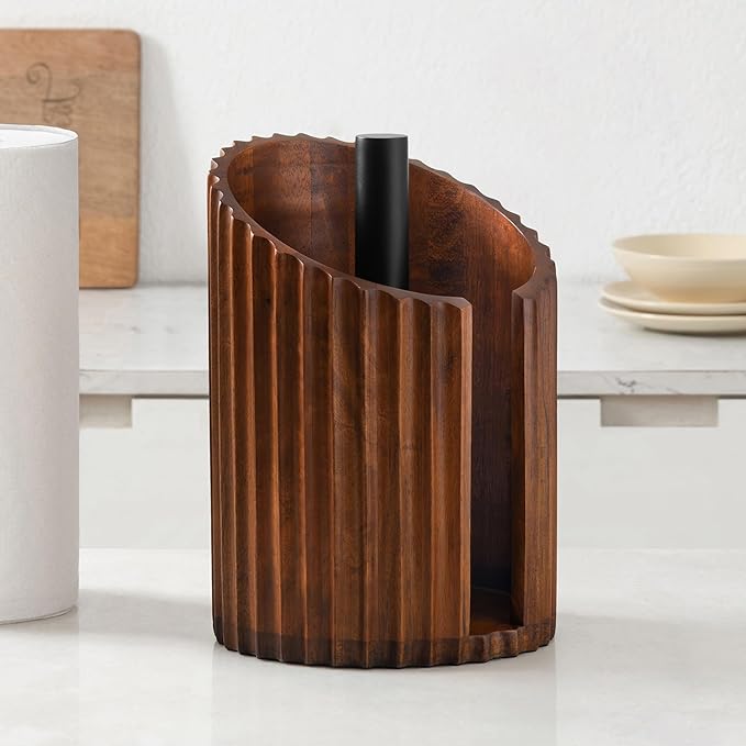Anji Mountain Wooden Paper Towel Holder with Metal Holder, Holder Stand for Kitchen Roll Organizer & Kitchen Dining Table Home Décor, Countertop Fits Jumbo & Mega Rolls - Walnut/Black, Fluted by AnjiMountain