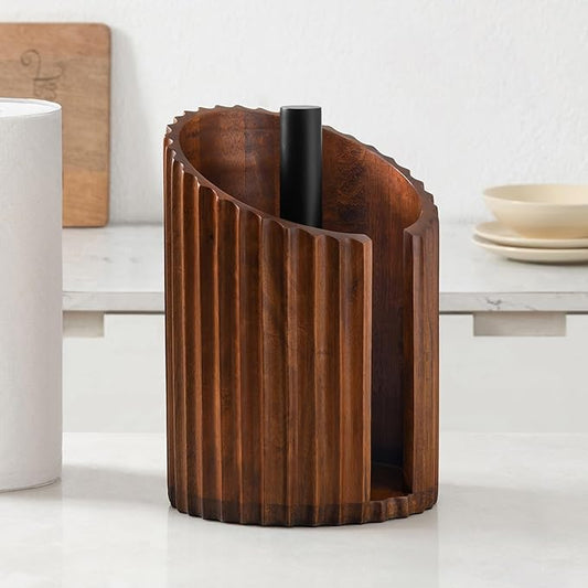 Anji Mountain Wooden Paper Towel Holder with Metal Holder, Holder Stand for Kitchen Roll Organizer & Kitchen Dining Table Home Décor, Countertop Fits Jumbo & Mega Rolls - Walnut/Black, Fluted by AnjiMountain