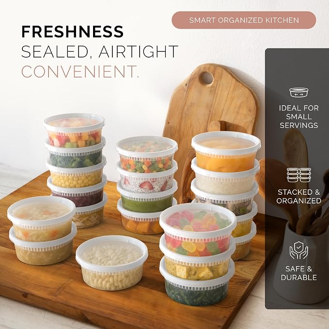 100 PACK (200 SETS) of 8 oz. Plastic Food Containers with Lids | Airtight, Microwave, Dishwasher, & Freezer Safe | Meal Prep, Disposable, Takeout Deli Soup Slime Round Food Storage Box - Image 3