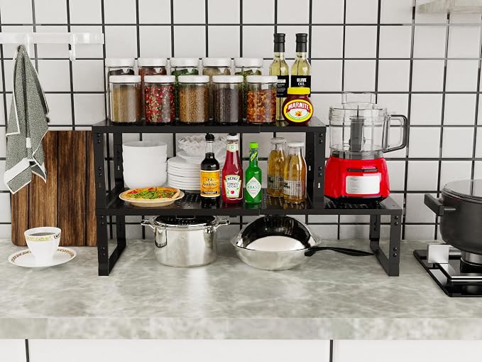 Jojocross Adjustable Expanable Stackable Spice Rack Shelf Pantry Storage Organizer for Kitchen Cabinet,Countertop,Bathroom and More.Space is no Longer Limited(1Pack/Black/Medium) - Image 2