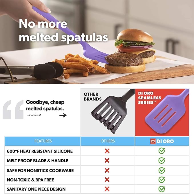 New DI ORO Silicone Turner Spatula Set - Kitchen Spatulas for Nonstick Cookware - Cooking Utensils for Flipping Eggs & Pancake - 600°F Heat-Resistant BPA Free Turners - Dishwasher Safe (4pc, Lavender) - Image 2