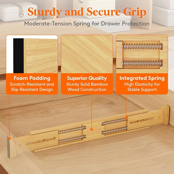 Lifewit 2.4" High 6 Pack Bamboo Drawer Dividers 45-55cm/17.5-22" Adjustable Wooden Drawer Organizer for Clothes/Utensils, Expandable Drawer Separator for Dresser/Kitchen/Bedroom/Office Organization - Image 2