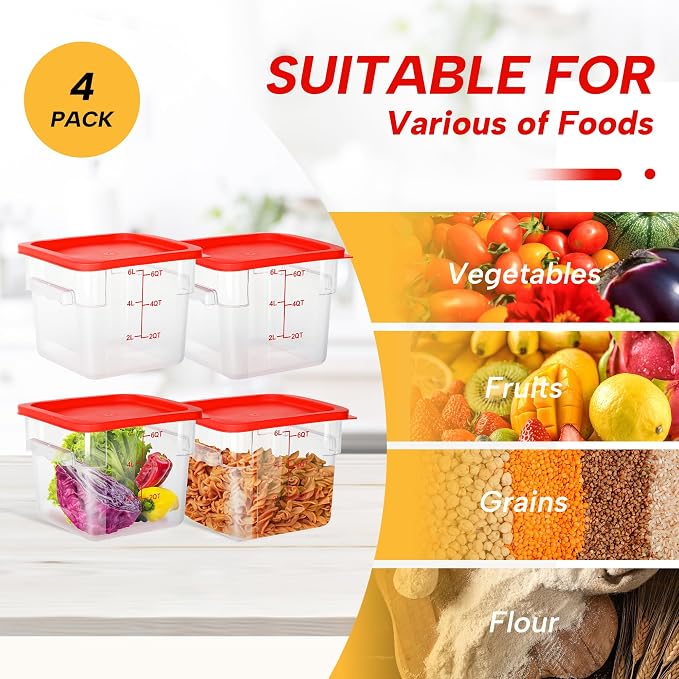 4 Pack 6QT Square Food Storage Containers with Lids | Clear NSF polycarbonate containers with scale, label and measuring cup, stackable for prep, storage, freezer. Dishwasher safe - Image 6