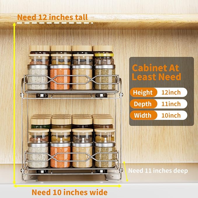 RCHYFEED Pull Out Spice Rack, 2 Tier Height Adjustable Vertical Spice Rack | Chrome,Tape or Screw Mount Available, Heavy Duty Sliding Spice Rack 9.2W x 10.4D x 9.8H, Fits Cabinets with or without Lip - Image 3