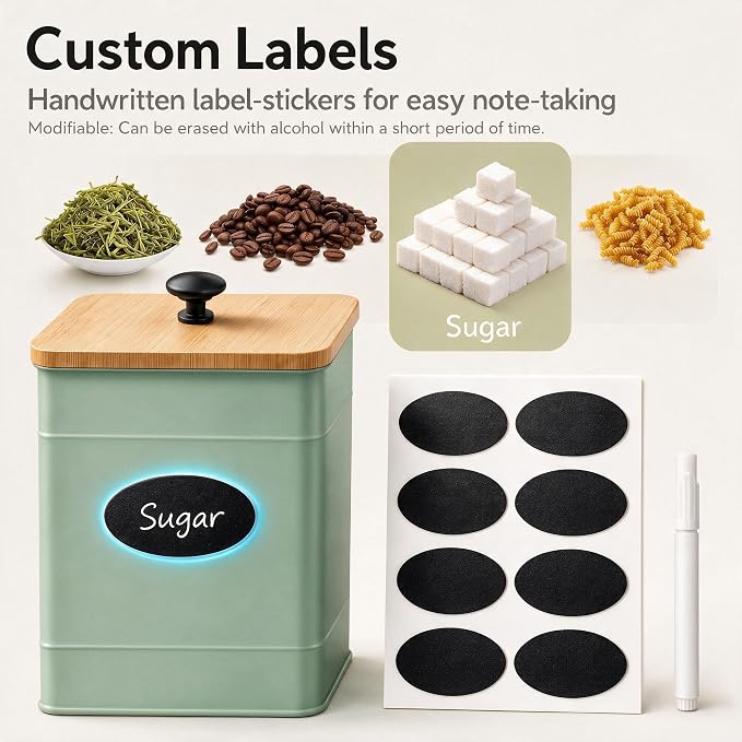 Kitchen Canisters Sets of 4 - Metal Flour Sugar Storage Containers Set for Countertop with Airtight Lids, Coffee Tea Sage Green Canister Set with Customizable Chalkboard Labels & Marker Pen - Image 4