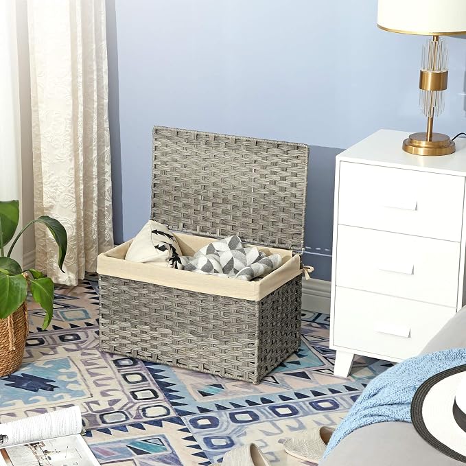 SONGMICS Storage Basket with Lid, Woven Blanket Storage Bin with Handles, Foldable, Removable Liner, Metal Frame, for Bedroom, Laundry Room, 17.2 Gallons (65 L), Gray URST56WG - Image 6