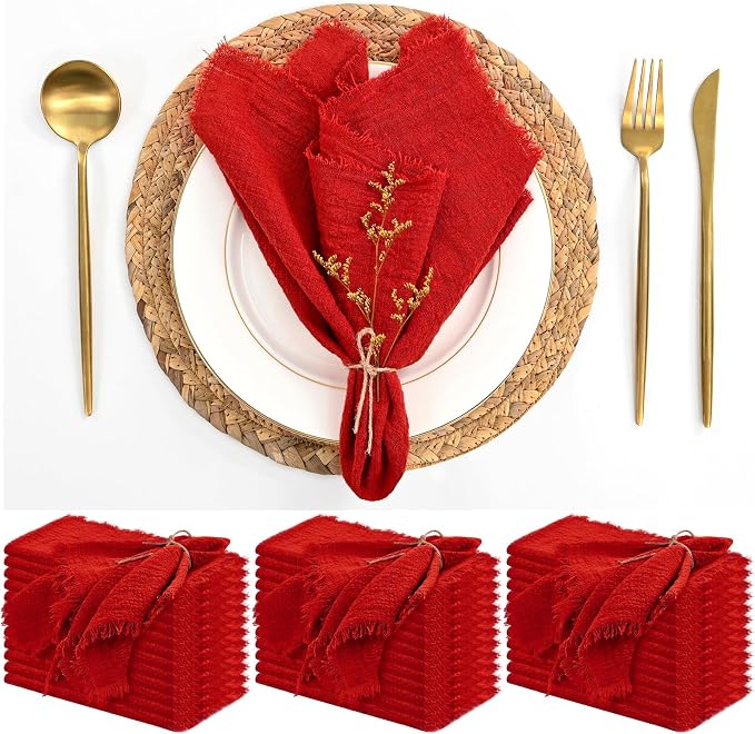 36 Pack Red Cloth Napkins Cotton Linen Napkin 16 x 16 Inch Red Napkins Cloth Handmade with Fringe Soft Washable Rustic Dinner Napkin Cloths for Wedding Party Dinner Table by ABKLESACH