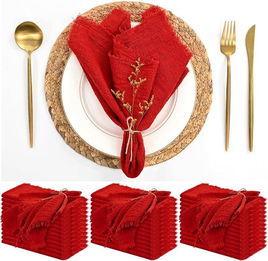 36 Pack Red Cloth Napkins Cotton Linen Napkin 16 x 16 Inch Red Napkins Cloth Handmade with Fringe Soft Washable Rustic Dinner Napkin Cloths for Wedding Party Dinner Table by ABKLESACH