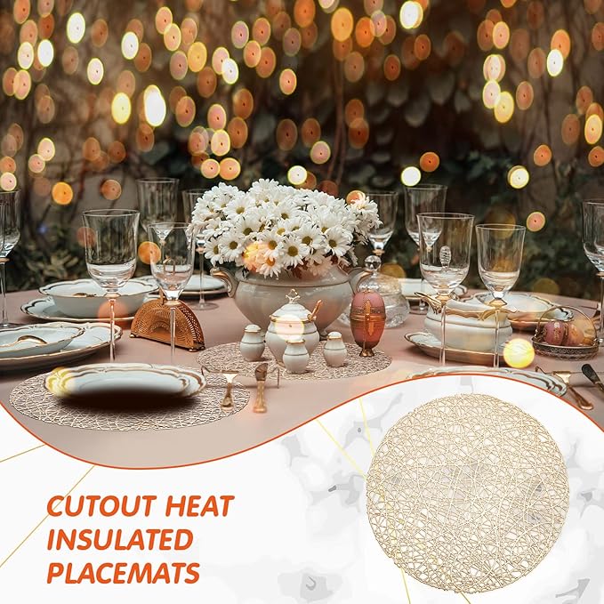 Sieral 60 Packs Gold Round Placemats 15 Inch Hollow Out Pressed Vinyl Place Mats Heat Resistant Woven Gold Placemats for Christmas Dinner Table Winter Holiday Party Wedding Centerpiece Decoration - Image 7