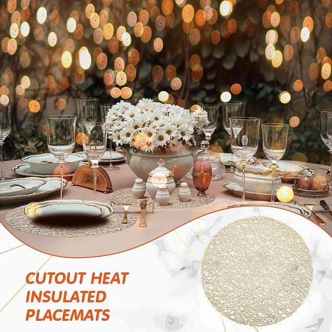 Sieral 24 Packs Gold Round Placemats 15 Inch Hollow Out Pressed Vinyl Place Mats Heat Resistant Woven Gold Placemats for Christmas Dinner Table Winter Holiday Party Wedding Centerpiece Decoration - Image 5