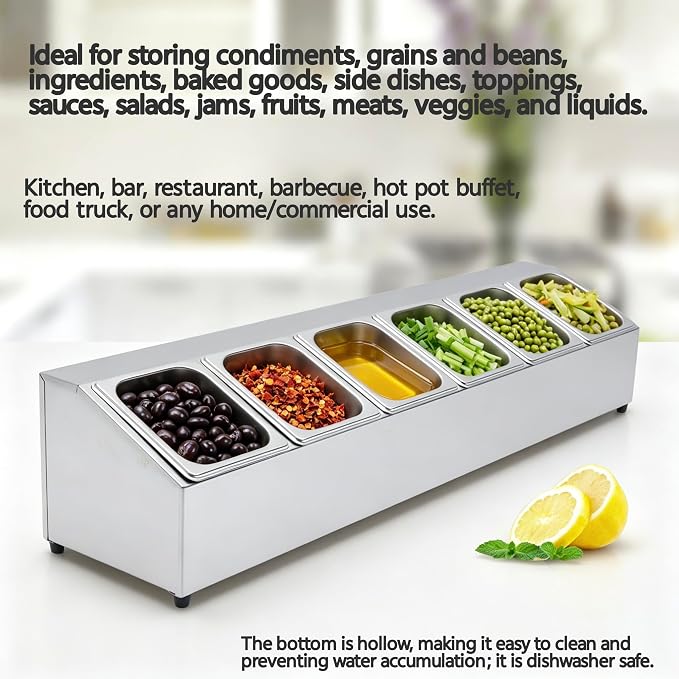 6Pans Pizza Topping Station Organizer Container Food Prep Condiment Caddy | Ingredients Holder Spice Rack Stainless Steel Candy Container Set with 6 Pans & Lids, Food Truck Restaurant Kitchen Buffet - Image 2