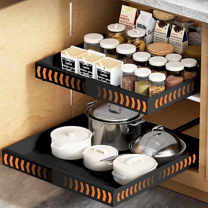 YJHome 1 Pack Pull Out Cabinet Organizer, No Drill Expandable Width 12"-20" & 21" Depth, Adhesive or Screw-In Installation, Magnetic Divider for Custom Storage, for Kitchen Pantry Bathroom Cabinet by YJHome