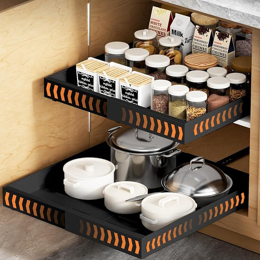 YJHome 1 Pack Pull Out Cabinet Organizer, No Drill Expandable Width 12"-20" & 21" Depth, Adhesive or Screw-In Installation, Magnetic Divider for Custom Storage, for Kitchen Pantry Bathroom Cabinet by YJHome