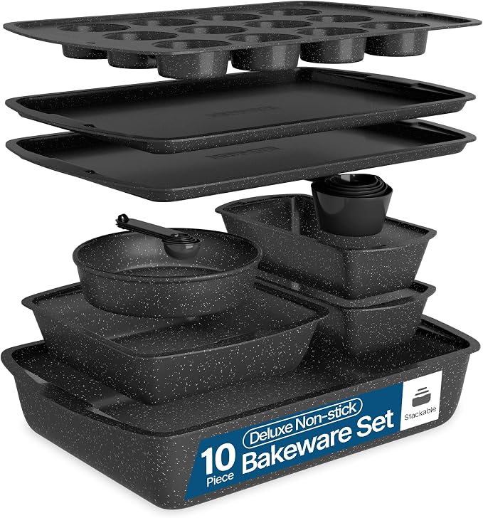 Gray Marble 10-Piece Bakeware Sets, Nonstick Carbon Steel Baking Sheet & Pans, Stackable Space-Saving Bakeware, Dishwasher Safe, Stain-resistant, PFOAPFOSPTFE Free, Oven Safe Up To 450°F (230°C) by Unknown