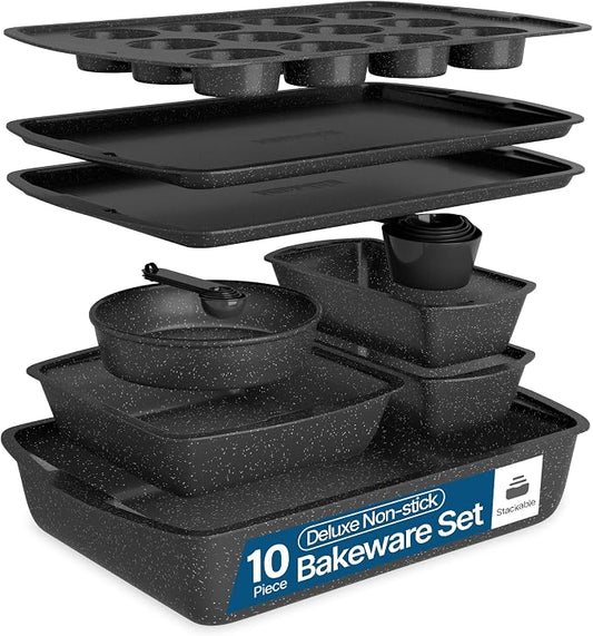 Gray Marble 10-Piece Bakeware Sets, Nonstick Carbon Steel Baking Sheet & Pans, Stackable Space-Saving Bakeware, Dishwasher Safe, Stain-resistant, PFOAPFOSPTFE Free, Oven Safe Up To 450°F (230°C) by Unknown