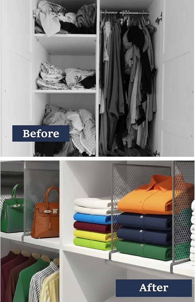 Nexu 6-Pack Metal Mesh Shelf Dividers for Closet Organization, Ultra-Stable Under-Shelf Hook Closet Dividers, Heavy Duty Purse, Handbag & Bag Organizer for Shelving, Clothes, Bedroom, Grey - Image 6