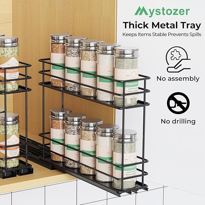 Mystozer Pull Out Spice Rack Organizer for Cabinet, Slide Out Spice Racks, Easy to Install Spice Cabinet Organizers, 5.2" Wx10.43 Dx8.26 H, 2 Packs 2 Tiers(Black) - Image 7