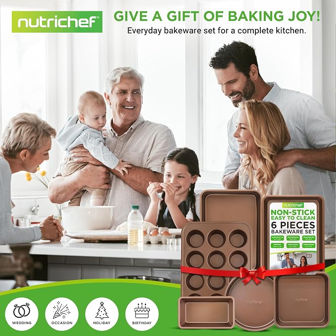 NutriChef 6-Piece Nonstick Bakeware Set, Carbon Steel Baking Pans Set, Includes Cookie Sheets, Wide & Square Bake Pans, Bread Loaf & Round Cake Pan, Muffin Pan - Gold - Image 7