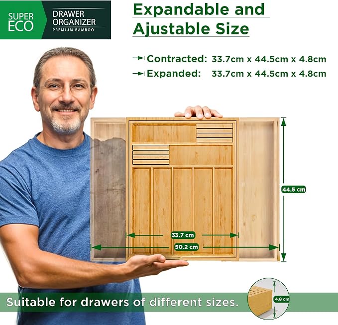 Bamboo Kitchen Drawer Organizer - Bamboo Expandable Drawer Organizer Utensil Holder & Cutlery Tray - Adjustable Wood Drawer Dividers Organizer for Silverware, Flatware, Knives (9 Slot) - Image 4