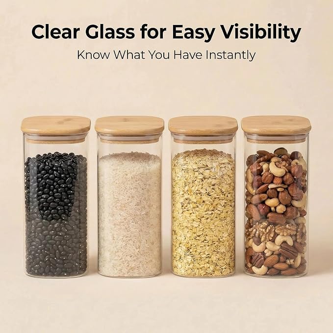 Airtight Glass Storage Containers with Lids 8 Pack, 25/37 /50oz Square Glass Jars with Bamboo Lids, Kitchen Canister Set for Pantry Organization Food Storage for Flour Sugar Rice Pasta Cereal - Image 6