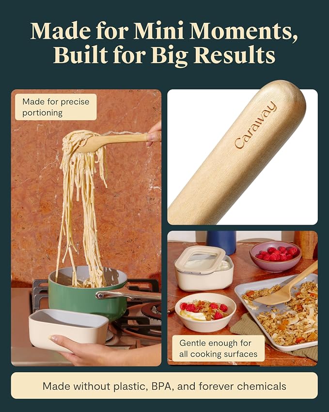 Caraway 4-Piece Mini Wooden Kitchen Utensils Set for Cooking | Serving, and Plating, Spoon, Scraper, Spatula, and Tongs - Image 5
