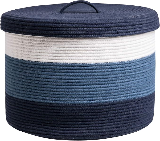 20x15 Inch Extra Large Round Cotton Rope Storage Basket with Lid, Decorative Woven Bin with Cover for Living Room Bedroom Closet, Dark Blue & Deep Blue by Cottonphant