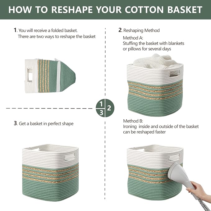 UBBCARE Set of 4 Storage Cubes 13 X 13 X 13 in, Water Hyacinth Storage Bins for Shelves, Toys, Book, Storage Baskets with Handles, Cotton Rope Woven Baskets for Organizing, Green - Image 7